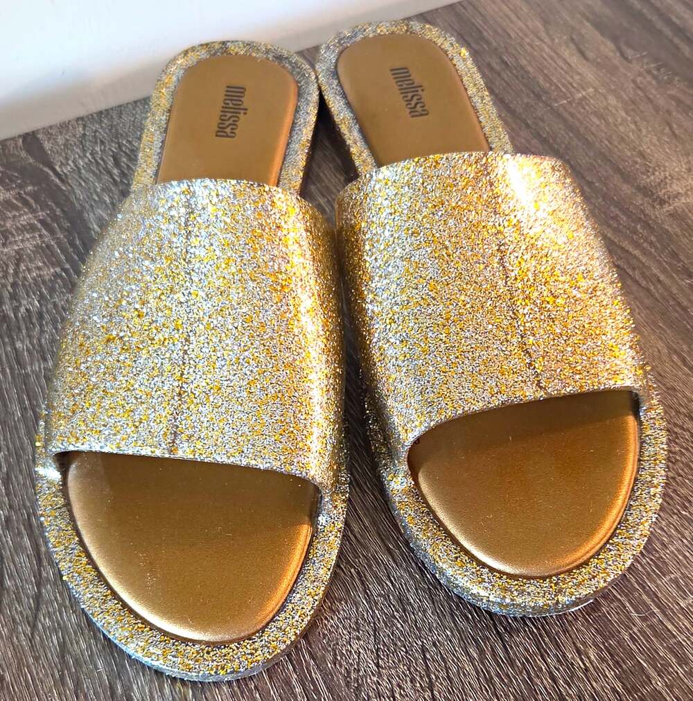 Melissa Glitter Slide Sandal Plastic Slip-On Open Toe Gold Womens US 10